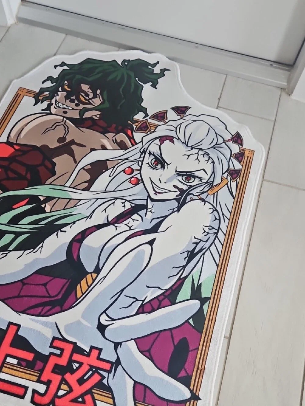 White Anime Character Door Mat with Red Accents